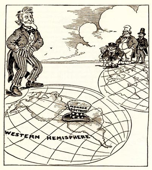 Newspaper cartoon from 1912 about the Monroe Doctrine, Uncle Sam looking at Europe, placing his hat on Latin America
